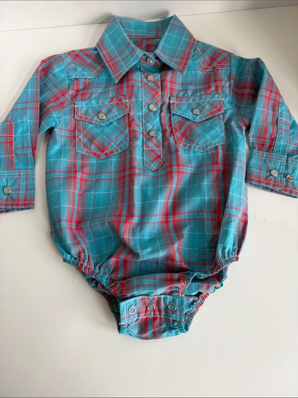 Baby Plaid Popover Bodysuit in Teal & Red western ware 6/9 M Brandnew